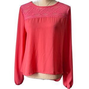 Meraki Coral Lace Accent Long Sleeve Blouse Lightweight L Women Hi Lo